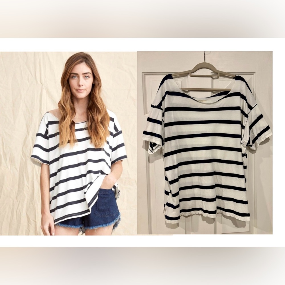 THE GREAT. The Cut Neck Tee. Bleach Stripe. 3